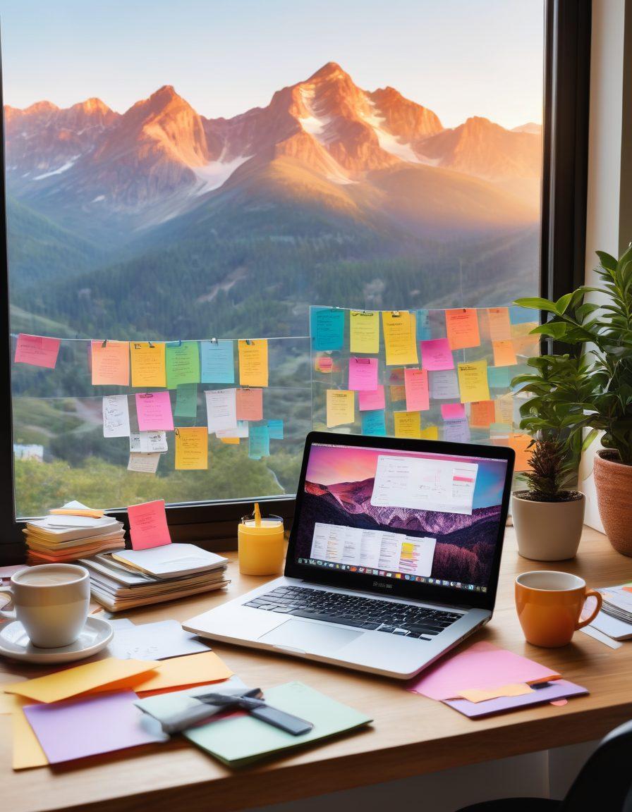 A creative workspace featuring a laptop open with a blog interface displayed, surrounded by brainstorming notes, colorful sticky notes, and a cup of coffee. An inspiring view out the window showing mountains and a sunrise, symbolizing new beginnings. The color palette is bright and inviting, capturing the essence of creativity and personal expression. super-realistic. vibrant colors. light background.