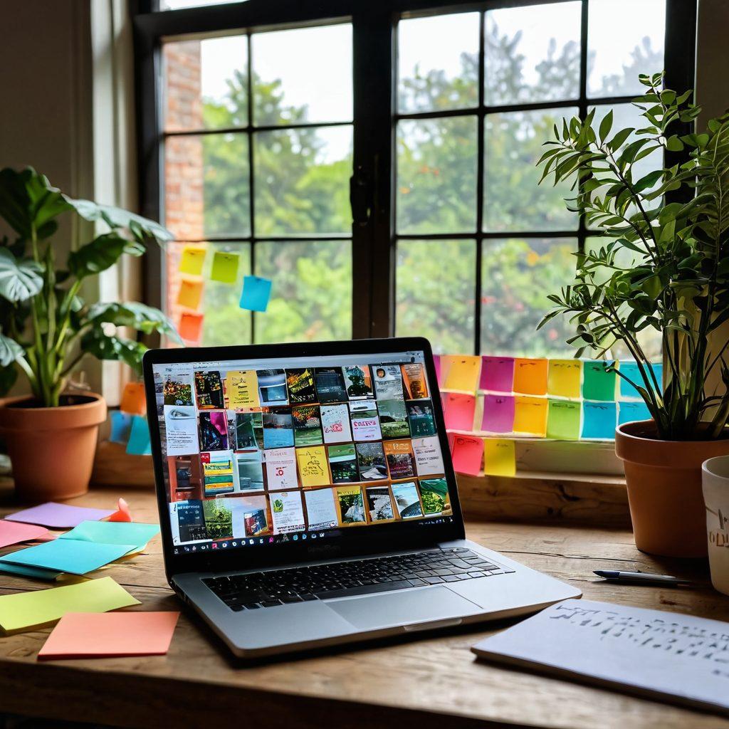 An open laptop on a wooden desk with colorful sticky notes scattered around, symbolizing creativity and engagement. In the background, a cozy reading nook with books and plants to evoke a warm atmosphere. The screen displays a vibrant digital diary filled with images and text, inviting exploration. Soft sunlight filtering through a nearby window enhances the inviting vibe. super-realistic. vibrant colors. cozy ambiance.