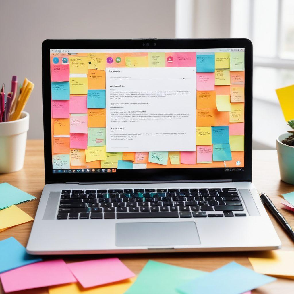 An open laptop on a colorful desk with engaging blog posts on the screen, surrounded by sticky notes filled with ideas. Diverse people interacting around the laptop, exchanging thoughts and tips. A vibrant atmosphere infused with creativity and collaboration, depicting a sense of connection in the digital world. watercolor style. vibrant colors. soft focus.